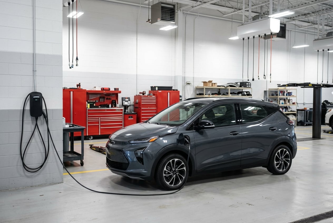 2027 Chevrolet Bolt in dark gray plugged into a Level 2 wall charger inside a clean dealership service bay in north Alabama, tidy tool chests and bright shop lighting, realistic automotive photography, no people as focal point, no text, no logos (Representative image for illustration purposes only. Actual vehicle may vary based on trim and configuration.)