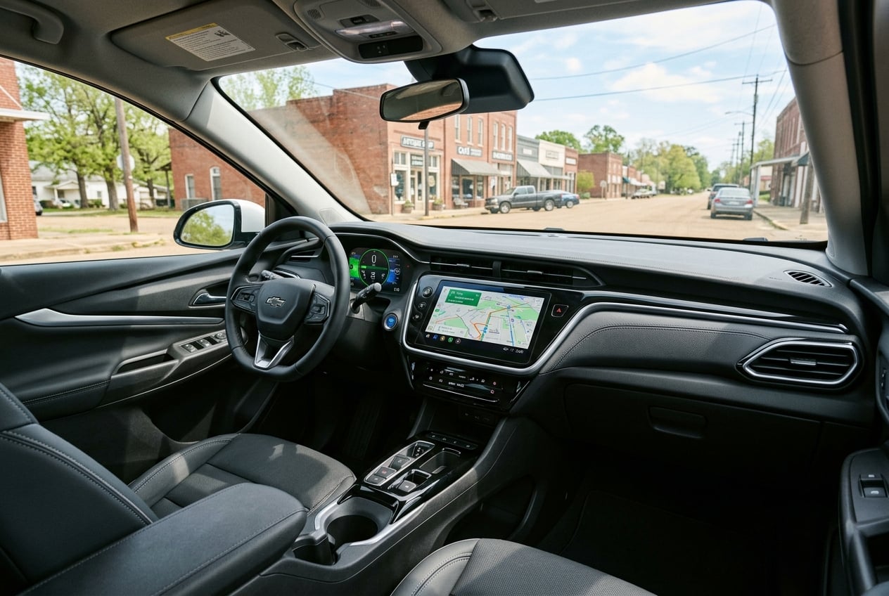 Interior dashboard of the 2027 Chevrolet Bolt with large center touchscreen showing a navigation map and digital gauge cluster, view from the passenger seat, small-town Alabama street visible through the windshield, daylight, realistic automotive interior photography, no people, no readable text, no logos (Representative image for illustration purposes only. Actual vehicle may vary based on trim and configuration.)