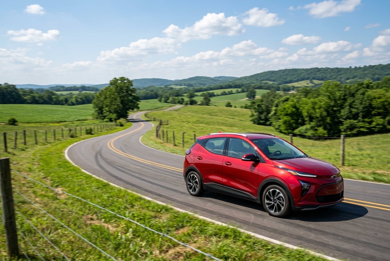 2027 Chevrolet Bolt in red, driving up a gentle rolling country road on Sand Mountain near Albertville, Alabama, green farmland and fence lines on both sides, dynamic motion, clear afternoon, realistic automotive photography, no people, no text, no logos (Representative image for illustration purposes only. Actual vehicle may vary based on trim and configuration.)
