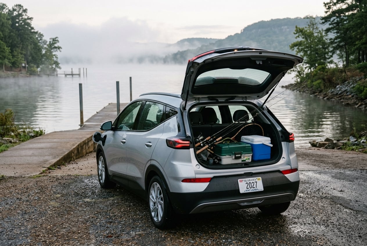 2027 Chevrolet Bolt in silver with rear hatch open showing cargo area loaded with fishing rods, tackle box and a small cooler, parked at a boat launch on Lake Guntersville, Alabama, early morning mist on the water, realistic automotive photography, no people, no text, no logos (Representative image for illustration purposes only. Actual vehicle may vary based on trim and configuration.)