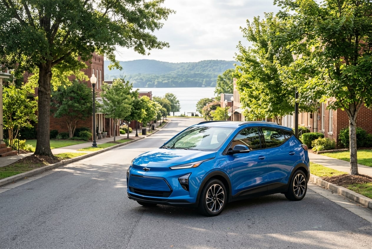 2027 Chevrolet Bolt compact electric vehicle in bright blue, three-quarter front view, parked on a quiet tree-lined street in downtown Guntersville, Alabama with Lake Guntersville visible at the end of the street, morning sun, realistic automotive photography, no people, no text, no logos (Representative image for illustration purposes only. Actual vehicle may vary based on trim and configuration.)