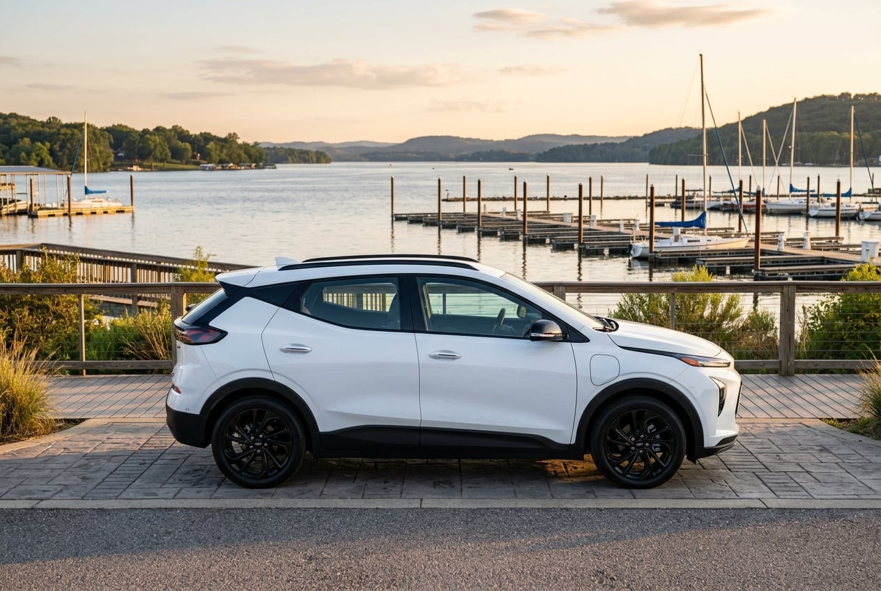 2027 Chevrolet Bolt RS in white with black accents, side profile showing sleek styling, parked on a lakeside boardwalk lot at Lake Guntersville, Alabama, docks and sailboats in the background, warm late-afternoon light, realistic automotive photography, no people, no text, no logos (Representative image for illustration purposes only. Actual vehicle may vary based on trim and configuration.)