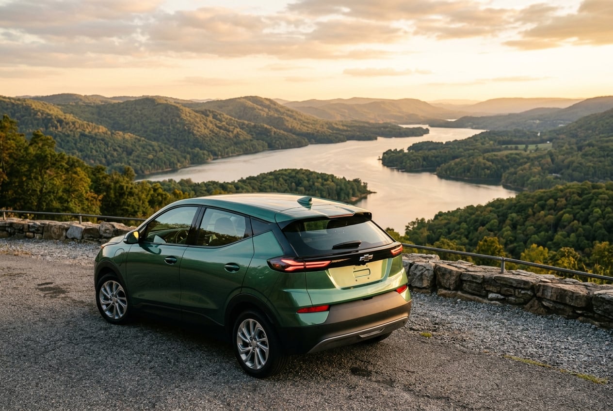 2027 Chevrolet Bolt in green metallic, rear three-quarter view, parked at a scenic overlook in the Appalachian foothills above Lake Guntersville, Alabama at golden hour, wooded ridges and water below, realistic automotive photography, no people, no text, no logos (Representative image for illustration purposes only. Actual vehicle may vary based on trim and configuration.)