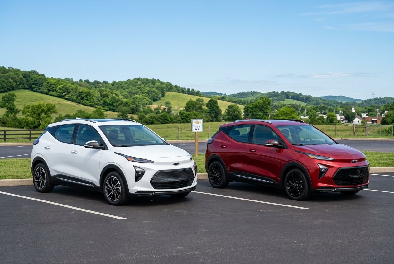 Two 2027 Chevrolet Bolt compact electric hatchbacks, an LT and an RS in different colors, parked side by side on a clean dealership lot in a small Kentucky town with rolling hills behind, clear blue sky, realistic automotive photography, no people, no text or logos (Representative image for illustration purposes only. Actual vehicle may vary based on trim and configuration.)