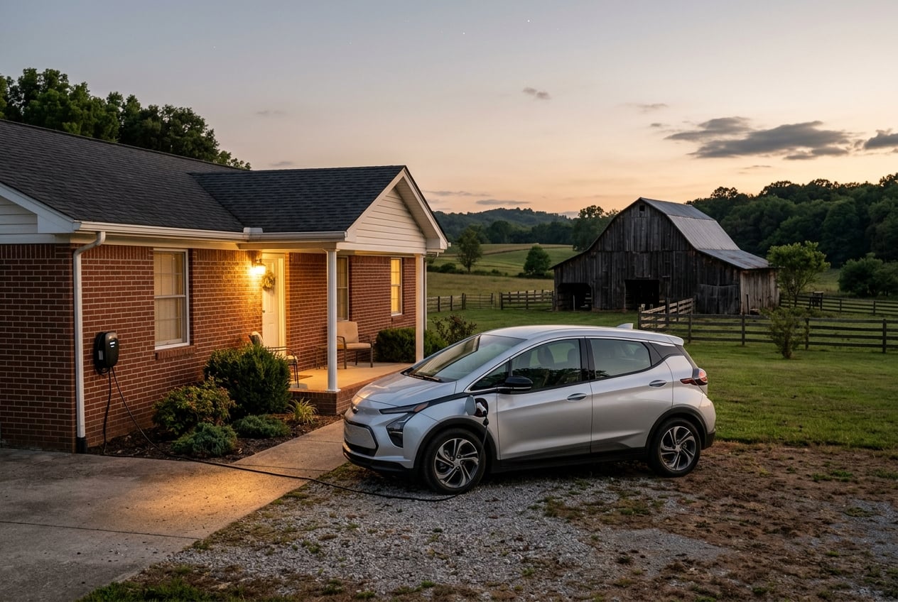 2027 Chevrolet Bolt compact electric hatchback plugged into a home Level 2 charger in the driveway of a brick ranch house with a tobacco barn and pasture in the background in south-central Kentucky, dusk light, realistic photography, no people, no text or logos (Representative image for illustration purposes only. Actual vehicle may vary based on trim and configuration.)