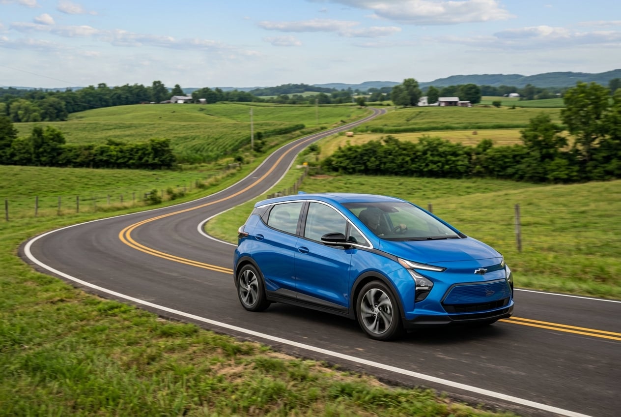 2027 Chevrolet Bolt compact electric hatchback driving up a gently curving two-lane road over rolling green hills and farm fields in Logan County, Kentucky, motion blur on wheels, summer light, realistic automotive photography, no people, no text or logos (Representative image for illustration purposes only. Actual vehicle may vary based on trim and configuration.)