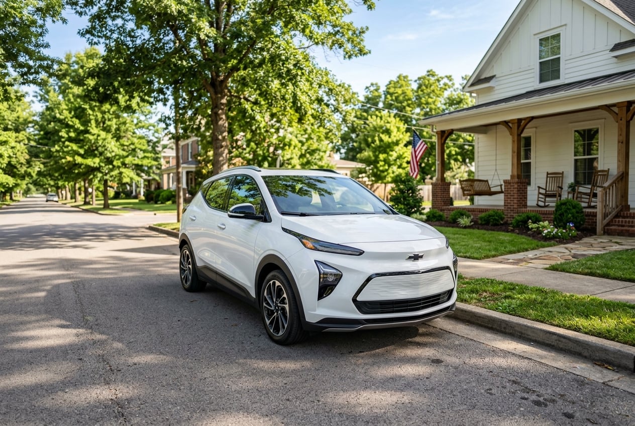 2027 Chevrolet Bolt compact electric hatchback, front three-quarter view, parked on a quiet residential street lined with oak trees and a white farmhouse porch in Russellville, Kentucky, bright morning light, realistic automotive photography, no people, no text or logos (Representative image for illustration purposes only. Actual vehicle may vary based on trim and configuration.)