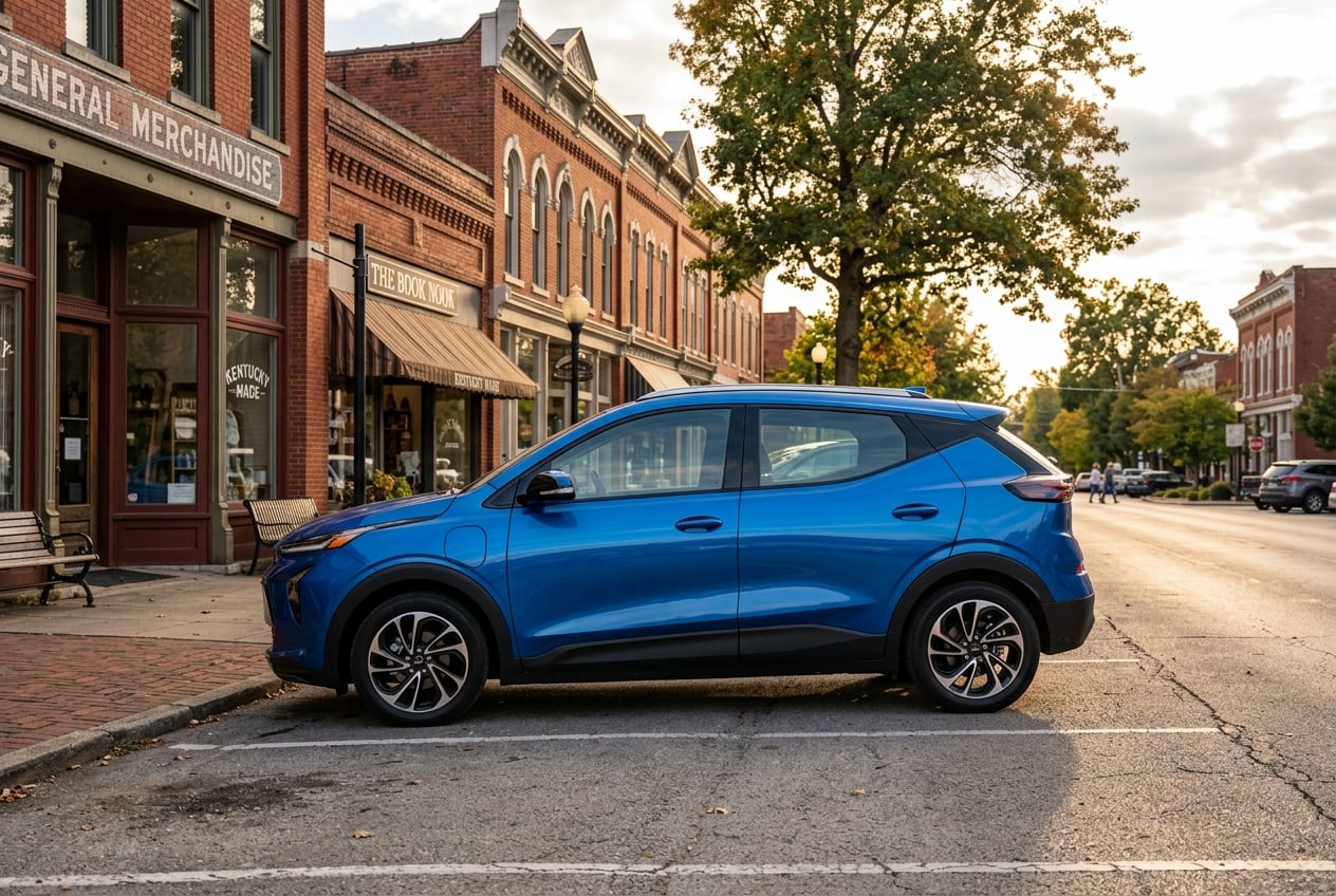 2027 Chevrolet Bolt compact electric hatchback, side profile highlighting exterior styling, parked beside historic red-brick storefronts on a small-town square in south-central Kentucky, late afternoon sun, realistic automotive photography, no people as focal point, no text or logos (Representative image for illustration purposes only. Actual vehicle may vary based on trim and configuration.)