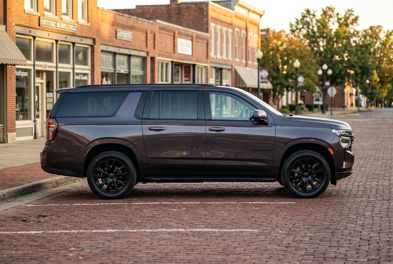 2027 Chevrolet Suburban full-size SUV, side profile showing its rugged yet elegant exterior, parked on the historic brick downtown square of Russellville, Kentucky, late afternoon light, realistic automotive photography, no people as focal point, no text or logos (Representative image for illustration purposes only. Actual vehicle may vary based on trim and configuration.)
