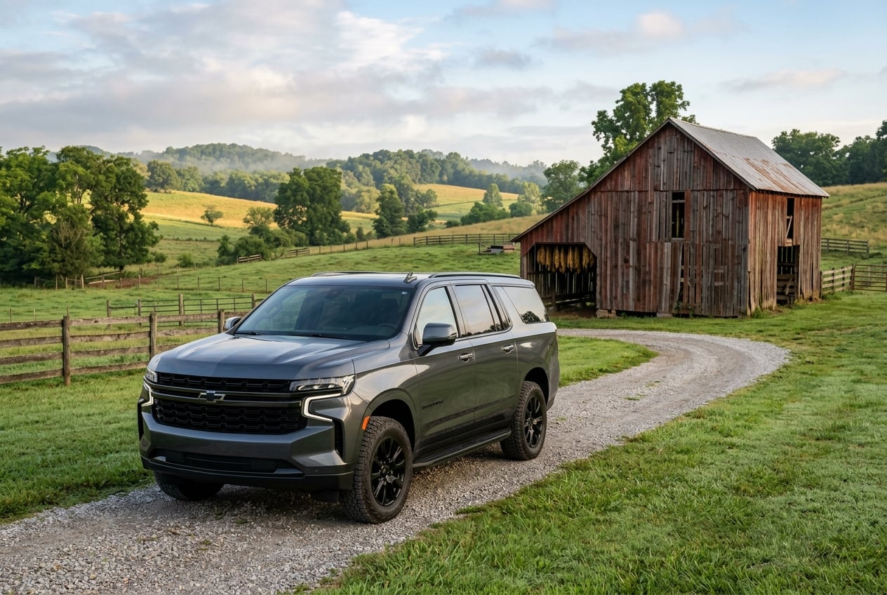2027 Chevrolet Suburban full-size SUV, front three-quarter view, parked on a gravel drive beside a weathered tobacco barn and rolling farmland in south-central Kentucky, soft morning light, realistic automotive photography, no people, no text or logos (Representative image for illustration purposes only. Actual vehicle may vary based on trim and configuration.)