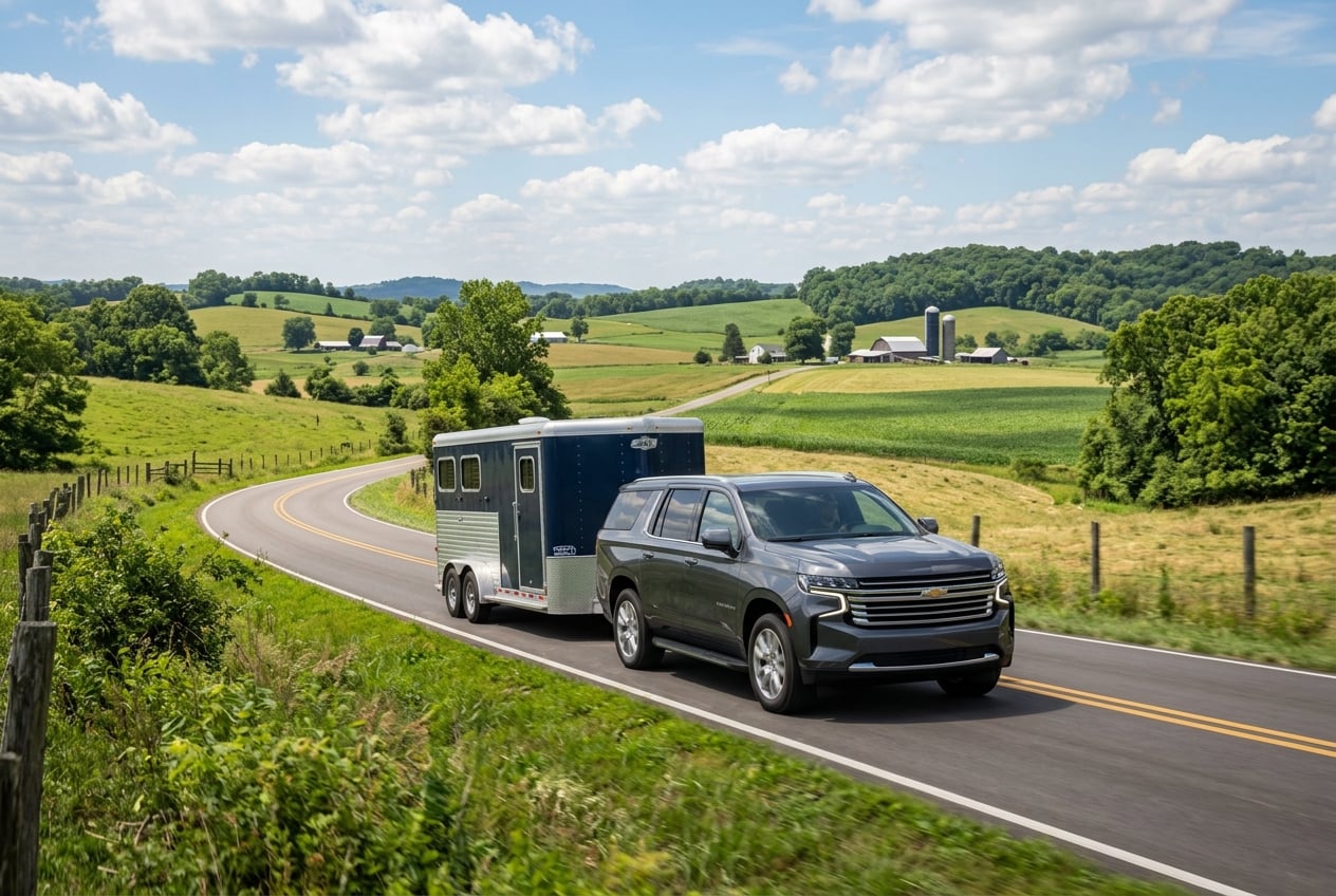 2027 Chevrolet Suburban full-size SUV towing a horse trailer along a two-lane country road through rolling farmland in Logan County, Kentucky, bright summer afternoon, realistic automotive photography, no people, no text or logos (Representative image for illustration purposes only. Actual vehicle may vary based on trim and configuration.)