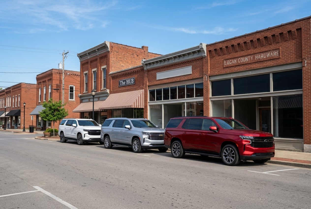 Three 2027 Chevrolet Suburban full-size SUVs in different colors lined up on a small-town street in Russellville, Kentucky with brick storefronts, clear day, realistic automotive photography, no people, no text or logos (Representative image for illustration purposes only. Actual vehicle may vary based on trim and configuration.)