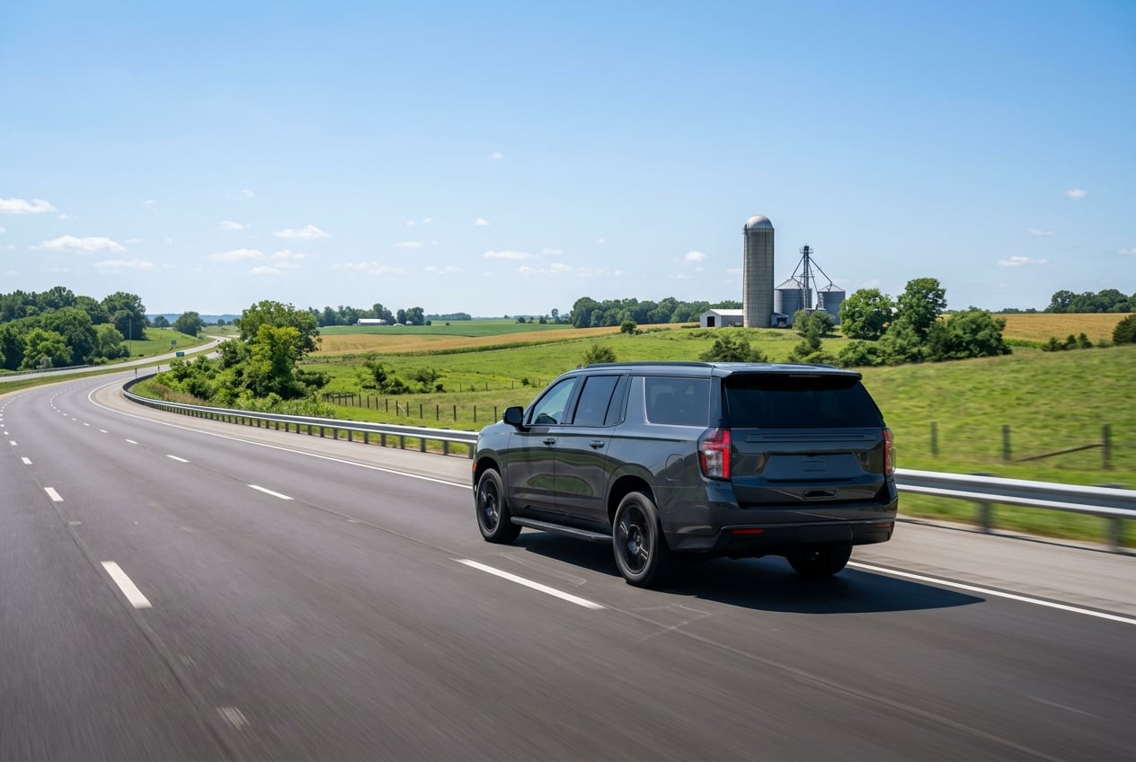 2027 Chevrolet Suburban full-size SUV cruising on an open highway through south-central Kentucky farm country with a distant grain silo, clear midday sky, realistic automotive photography, no people, no text or logos (Representative image for illustration purposes only. Actual vehicle may vary based on trim and configuration.)