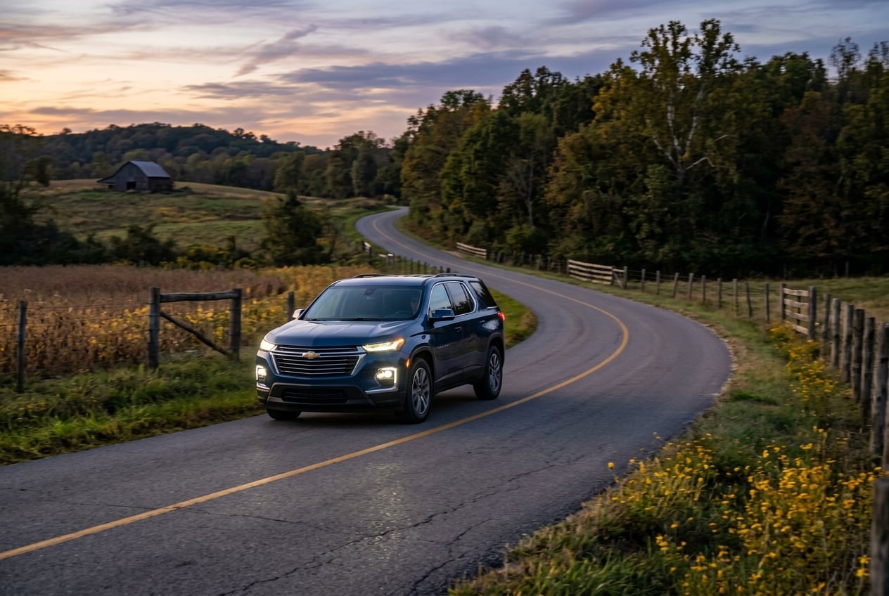 2027 Chevrolet Traverse three-row SUV driving with headlights on along a winding two-lane rural road in Logan County, Kentucky at dusk, farm fences and tree lines on both sides, realistic automotive photography, no people, no text or logos (Representative image for illustration purposes only. Actual vehicle may vary based on trim and configuration.)