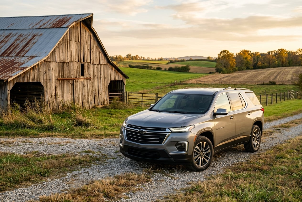 2027 Chevrolet Traverse three-row SUV, front three-quarter view, parked beside a weathered tobacco barn and rolling farmland in south-central Kentucky, golden hour light, realistic automotive photography, no people, no text or logos (Representative image for illustration purposes only. Actual vehicle may vary based on trim and configuration.)
