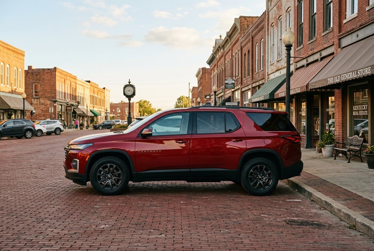 2027 Chevrolet Traverse three-row SUV with bold styling, side profile, parked on the historic brick downtown square of Russellville, Kentucky with old storefronts, late afternoon light, realistic automotive photography, no people as focal point, no text or logos (Representative image for illustration purposes only. Actual vehicle may vary based on trim and configuration.)