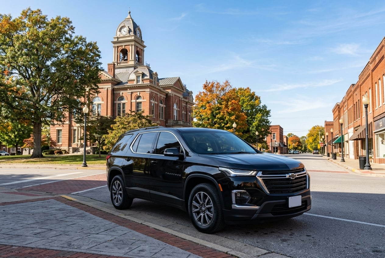 2027 Chevrolet Traverse three-row SUV, polished and gleaming, parked on a quiet small-town street in Russellville, Kentucky with a historic courthouse in the background, bright clear day, realistic automotive photography, no people, no text or logos (Representative image for illustration purposes only. Actual vehicle may vary based on trim and configuration.)
