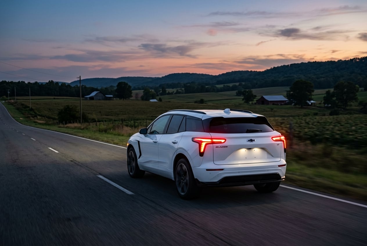 2027 Chevrolet Blazer EV in white, rear three-quarter view with LED taillights glowing, driving on a two-lane rural highway past Sand Mountain farmland near Albertville, Alabama at dusk, headlights and driver-assist sensors visible, realistic automotive photography, no people, no text, no logos (Representative image for illustration purposes only. Actual vehicle may vary based on trim and configuration.)