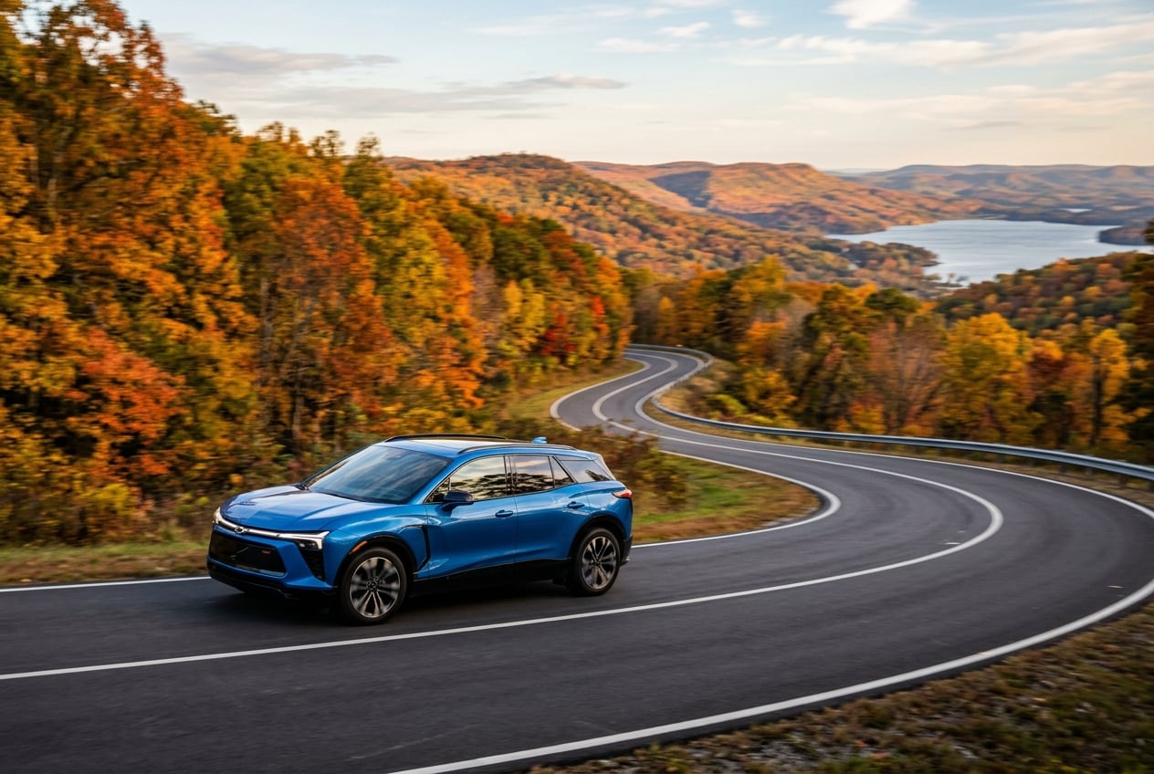 2027 Chevrolet Blazer EV in metallic blue, driving up a winding road through rolling Appalachian foothills near Guntersville, Alabama, fall foliage, dynamic motion, afternoon light, realistic automotive photography, no people, no text, no logos (Representative image for illustration purposes only. Actual vehicle may vary based on trim and configuration.)