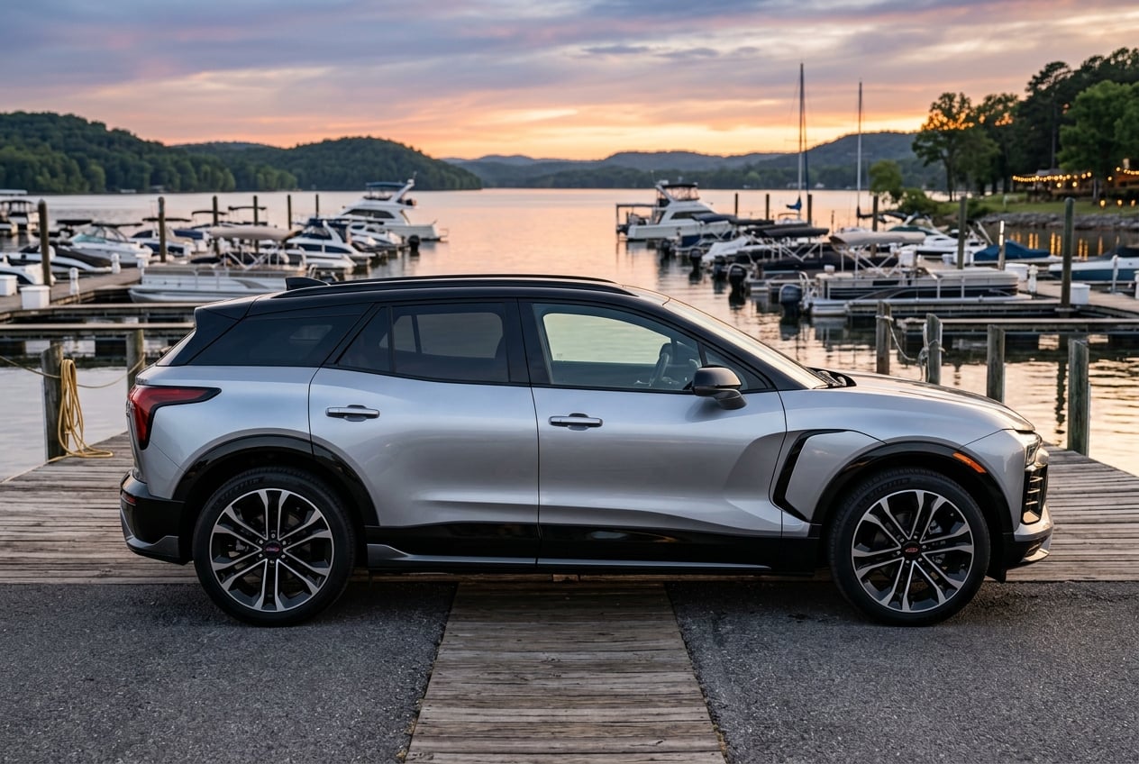 2027 Chevrolet Blazer EV RS in black and silver, side profile showing sleek exterior design and large wheels, parked on a lakeside dock road at a marina on Lake Guntersville, Alabama, boats and calm water behind, sunset glow, realistic automotive photography, no people, no text, no logos (Representative image for illustration purposes only. Actual vehicle may vary based on trim and configuration.)
