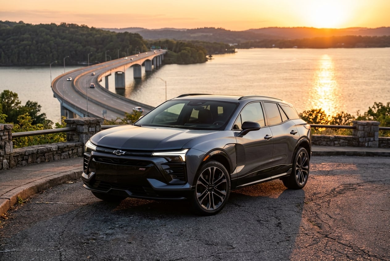 2027 Chevrolet Blazer EV SS in dark gray, dramatic low-angle front view, parked on the Guntersville bridge overlook with Lake Guntersville sparkling behind at golden hour, premium hero shot, realistic automotive photography, no people, no text, no logos (Representative image for illustration purposes only. Actual vehicle may vary based on trim and configuration.)