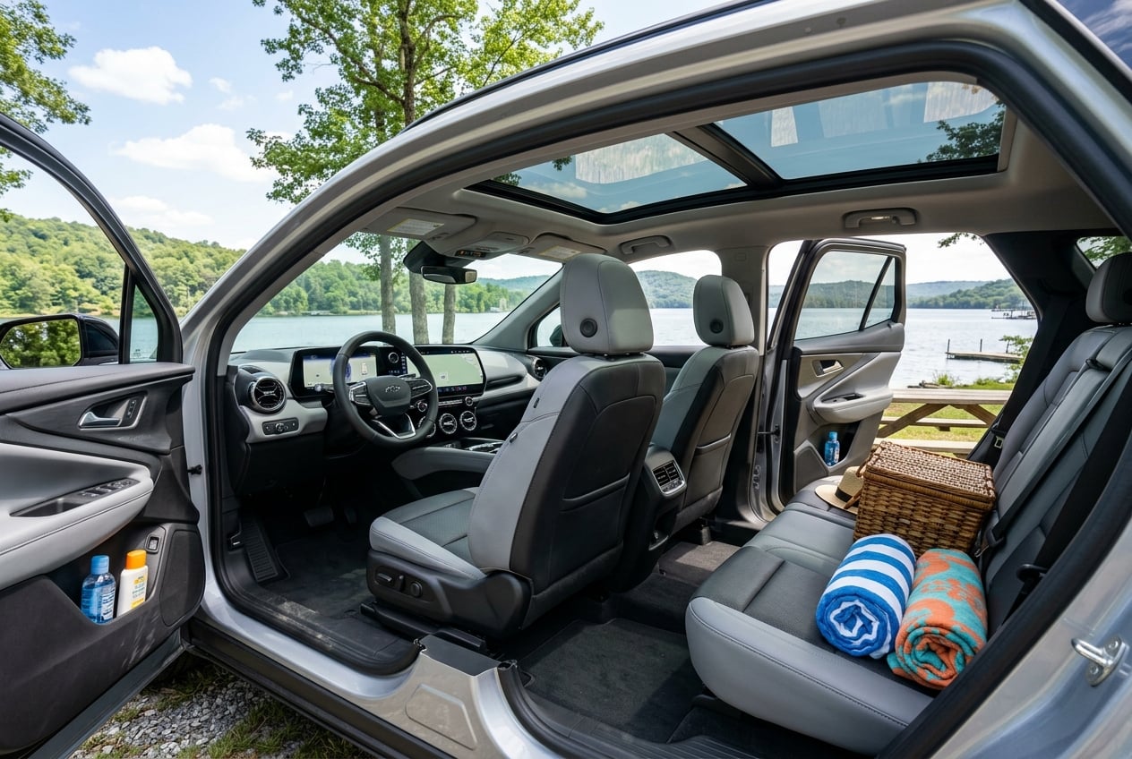 Spacious interior cabin of the 2027 Chevrolet Blazer EV, front and rear seats with a picnic basket and beach towels on the back seat, panoramic glass roof, doors open at a lakeside park in Guntersville, Alabama, bright daylight, realistic automotive interior photography, no people, no text, no logos (Representative image for illustration purposes only. Actual vehicle may vary based on trim and configuration.)
