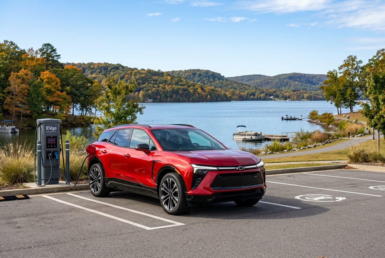 2027 Chevrolet Blazer EV electric SUV in bright red, three-quarter front view, parked at a public EV charging station near the Lake Guntersville waterfront in Guntersville, Alabama, lake and wooded hills behind, clear morning, realistic automotive photography, no people, no text, no logos (Representative image for illustration purposes only. Actual vehicle may vary based on trim and configuration.)