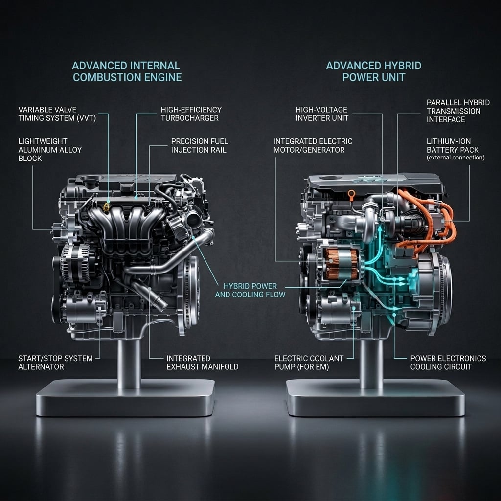 A detailed side-by-side 3D render powertrain display comparing Hyundai's Santa Fe engines on clean minimalist pedestals against a dark charcoal studio backdrop. On the left side, the 2.5-liter turbocharged four-cylinder gas engine is shown with realistic metallic finishes, detailed intake manifolds, and subtle silver lighting accents. On the right side, the 1.6-liter turbocharged hybrid powertrain is displayed, highlighting the integrated electric motor, high-voltage orange wiring, and compact turbo assembly with illuminated cyan energy vectors. The dual engine display is positioned symmetrically at eye level, illuminated by soft studio key lighting and crisp rim highlights, creating a polished, technical automotive engineering visual. (Representative image for illustration purposes only. Actual vehicle may vary based on trim and configuration.)