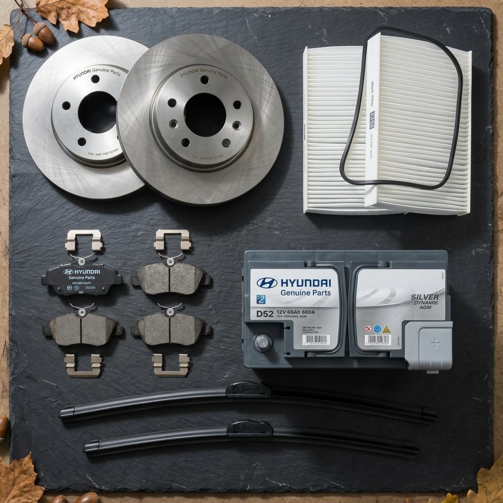 A clean, professional studio photography flat-lay layout displaying genuine automotive OEM replacement parts neatly organized on a dark slate workbench. The arrangement includes gleaming metallic brake rotors, pristine white folded engine air filters, sleek matte black beam wiper blades, ceramic brake pads, and a heavy-duty automotive battery. Soft studio key lighting casts crisp, subtle shadows and highlighting across the metallic textures and precise details of each component. The color palette features metallic silvers, dark charcoal, matte black, and subtle cool blues, creating an authentic, organized commercial product hero shot for seasonal vehicle maintenance. (Representative image for illustration purposes only. Actual vehicle may vary based on trim and configuration.)