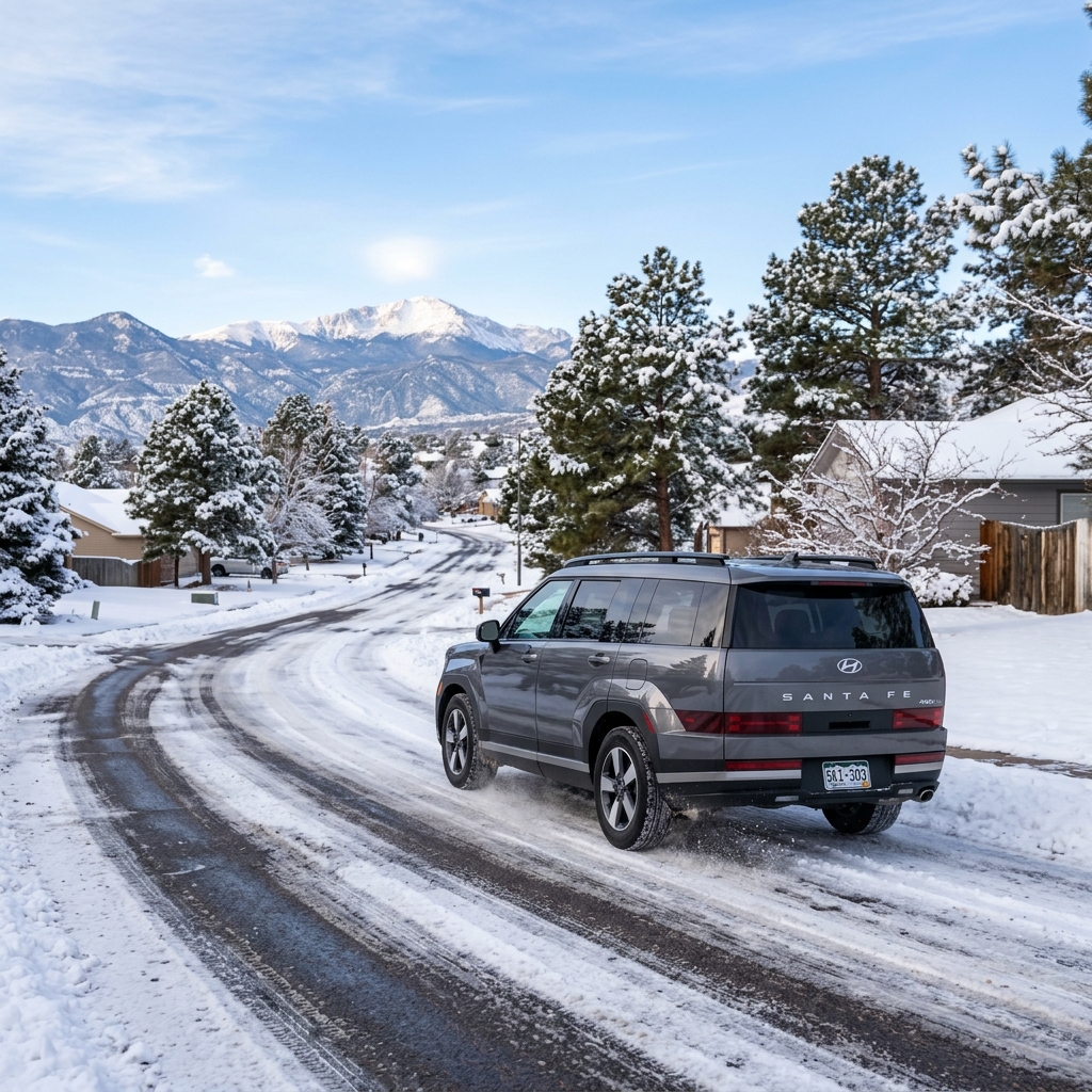 Gray Hyundai Santa Fe driving on a snowy residential street with snow-capped mountains in the background. (Representative image for illustration purposes only. Actual vehicle may vary based on trim and configuration.)