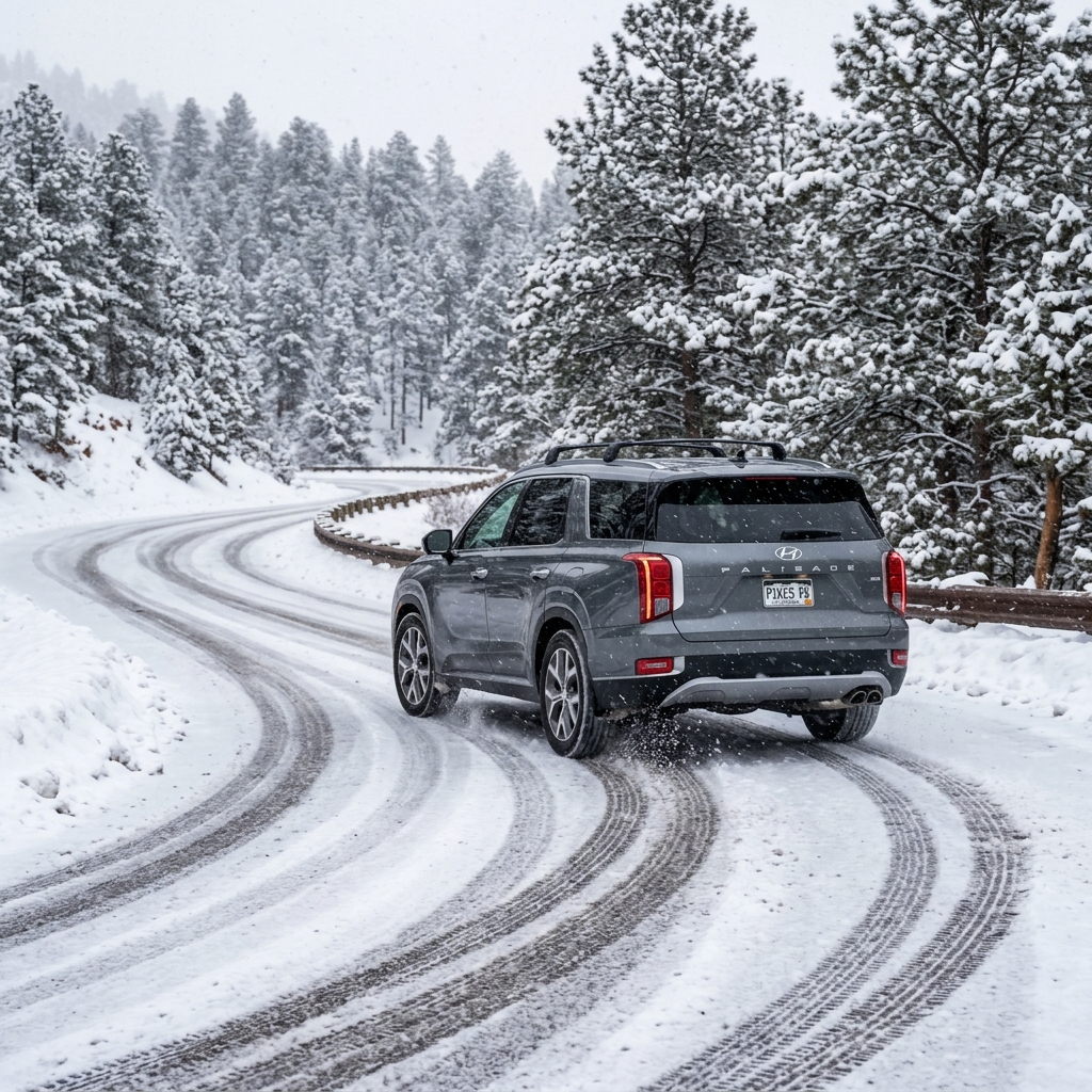 Grey Hyundai SUV navigating a sharp curve on a winding, snow-covered mountain road surrounded by pine trees. (Representative image for illustration purposes only. Actual vehicle may vary based on trim and configuration.)