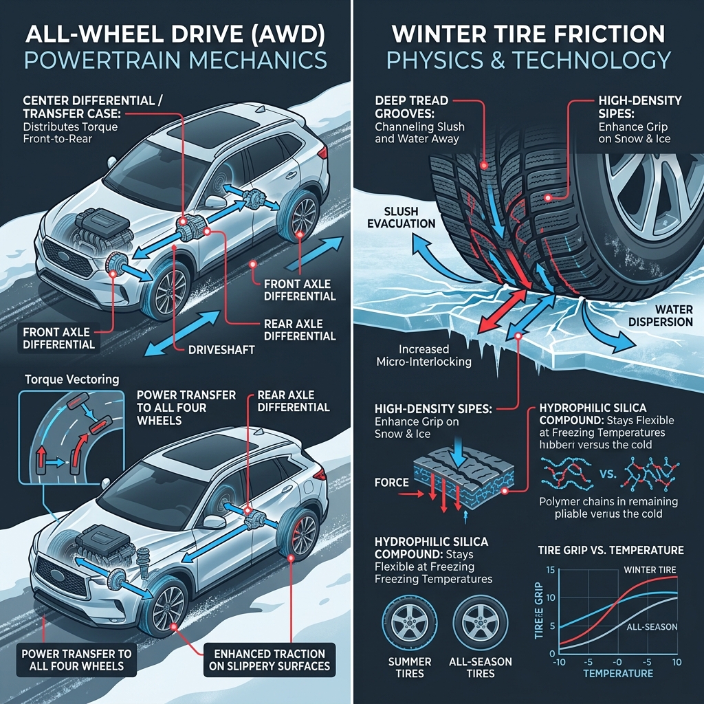 Infographic explaining AWD powertrain mechanics on the left and winter tire physics and technology on the right. (Representative image for illustration purposes only. Actual vehicle may vary based on trim and configuration.)