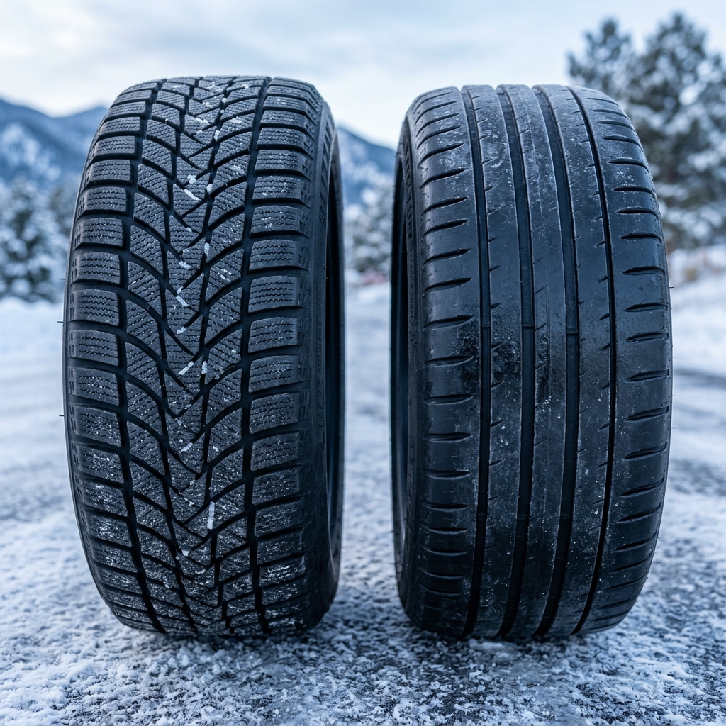 Side-by-side comparison of a winter tire with deep tread sipes and a summer performance tire on a snowy surface. (Representative image for illustration purposes only. Actual vehicle may vary based on trim and configuration.)