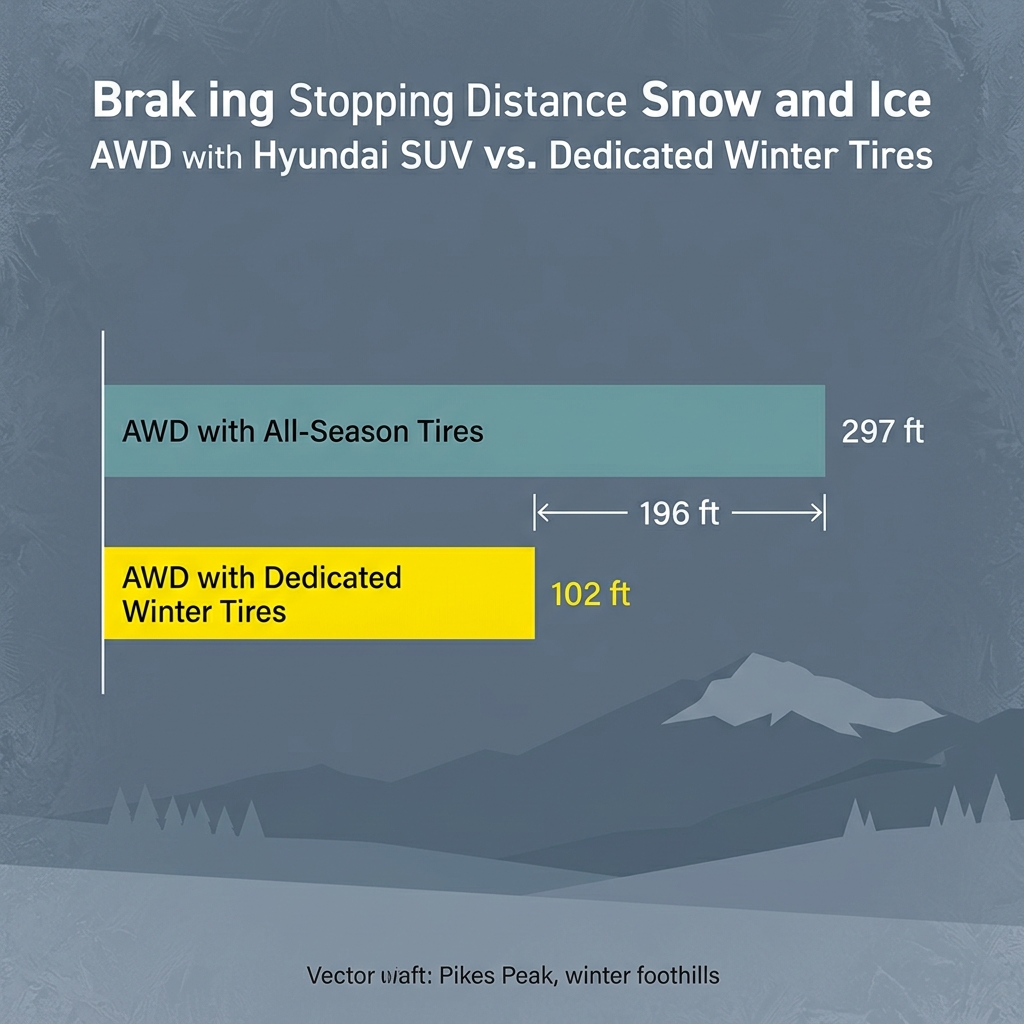 Bar chart comparing braking distance on snow and ice: All-Season tires stop in 297 ft vs. Winter tires in 102 ft. (Representative image for illustration purposes only. Actual vehicle may vary based on trim and configuration.)
