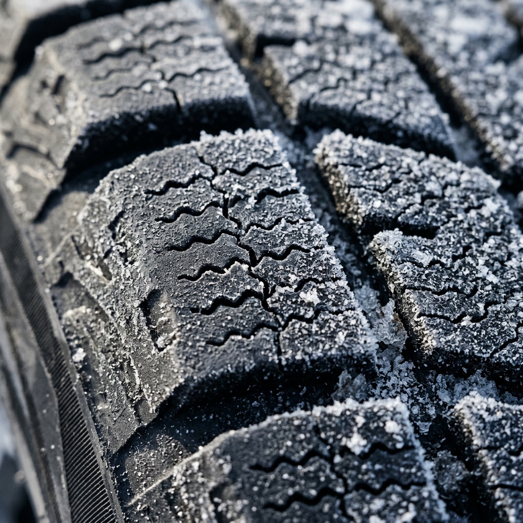 Macro shot of frosted winter tire tread with deep grooves covered in light snow crystals. (Representative image for illustration purposes only. Actual vehicle may vary based on trim and configuration.)