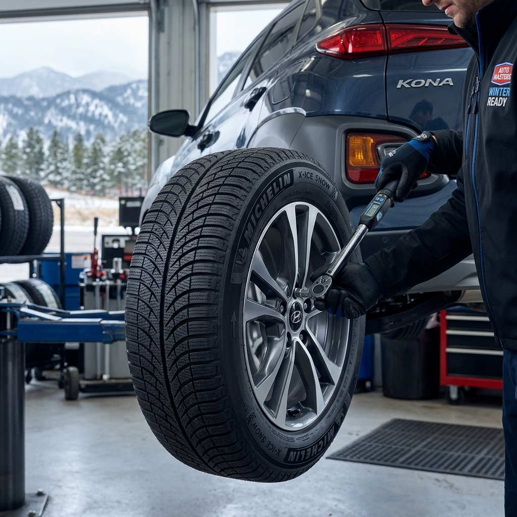 Mechanic using a digital torque wrench to install a Michelin winter tire on a Hyundai Kona in an auto shop. (Representative image for illustration purposes only. Actual vehicle may vary based on trim and configuration.)