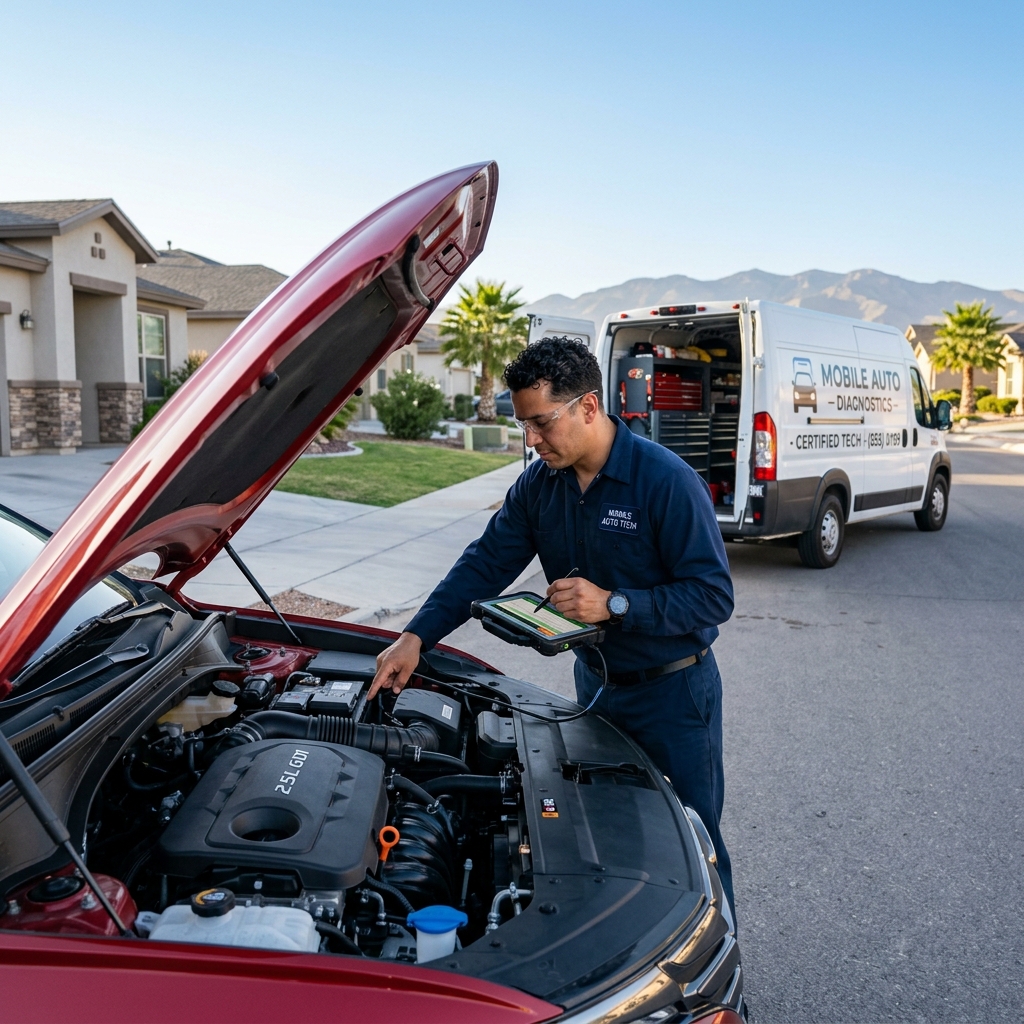Mobile mechanic in blue uniform using a diagnostic tablet to inspect a red car's engine outdoors. (Representative image for illustration purposes only. Actual vehicle may vary based on trim and configuration.)