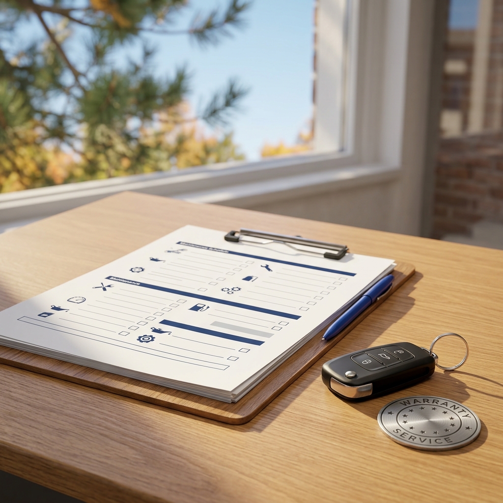 Car key fob, warranty service coin, and service checklist clipboard sitting on a wooden desk by a bright window. (Representative image for illustration purposes only. Actual vehicle may vary based on trim and configuration.)