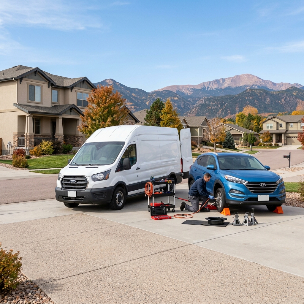 Mobile mechanic servicing a blue SUV in a driveway next to a white service van with mountains in the background. (Representative image for illustration purposes only. Actual vehicle may vary based on trim and configuration.)