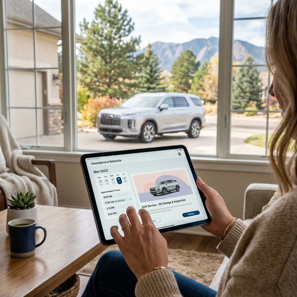 Woman using a tablet to book a mobile SUV service from her living room while her car is parked outside. (Representative image for illustration purposes only. Actual vehicle may vary based on trim and configuration.)