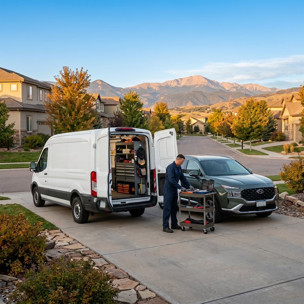 A technician servicing a green SUV in a suburban driveway next to an open white service van with mountains behind. (Representative image for illustration purposes only. Actual vehicle may vary based on trim and configuration.)