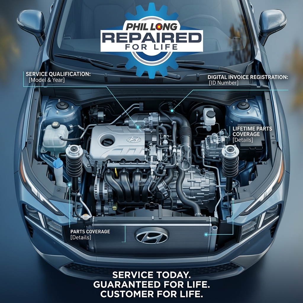Graphic of a Hyundai SUV engine bay with text callouts detailing Phil Long service and lifetime warranty coverage. (Representative image for illustration purposes only. Actual vehicle may vary based on trim and configuration.)