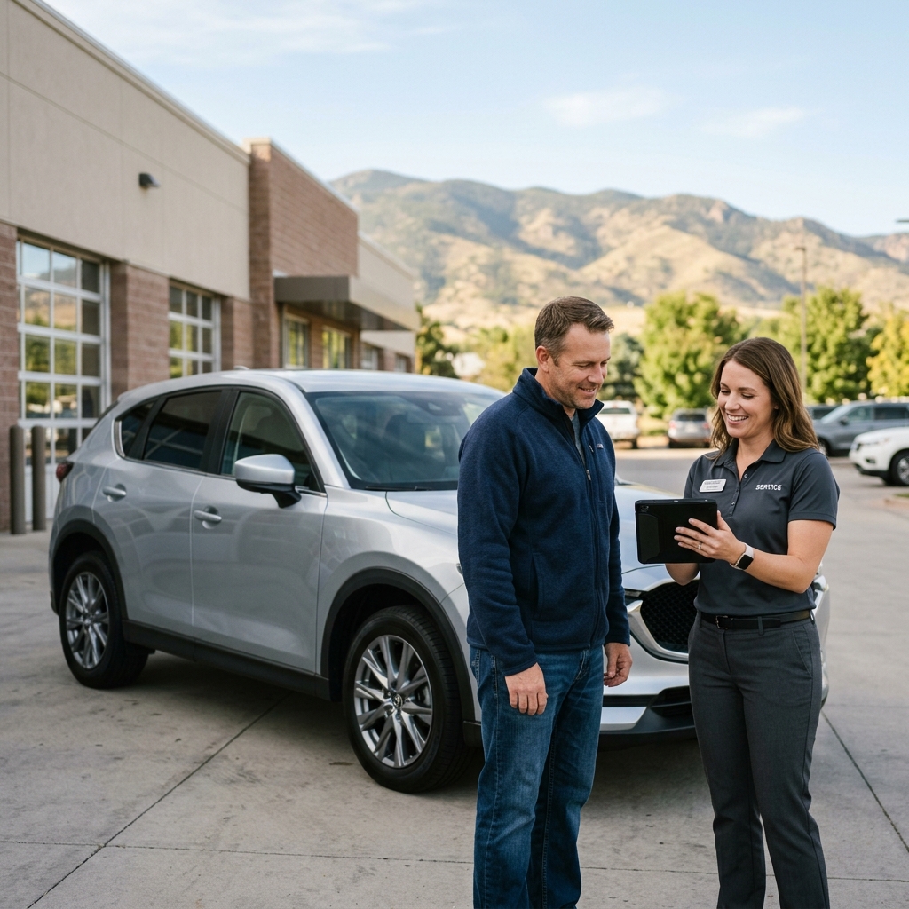 A female service advisor showing information on a tablet to a male customer standing beside a silver SUV. (Representative image for illustration purposes only. Actual vehicle may vary based on trim and configuration.)