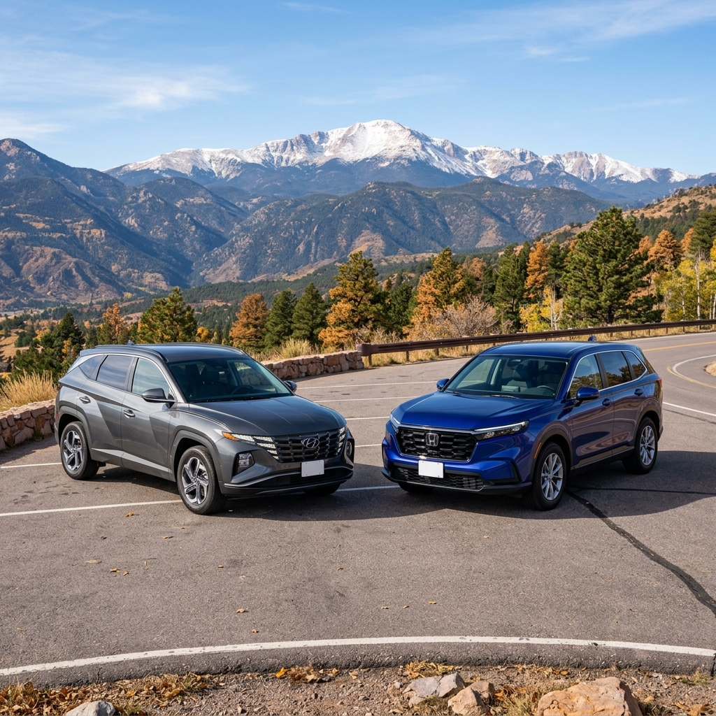 A grey Hyundai Tucson and a blue Honda CR-V parked at a scenic mountain overlook with snow-capped peaks behind them. (Representative image for illustration purposes only. Actual vehicle may vary based on trim and configuration.)