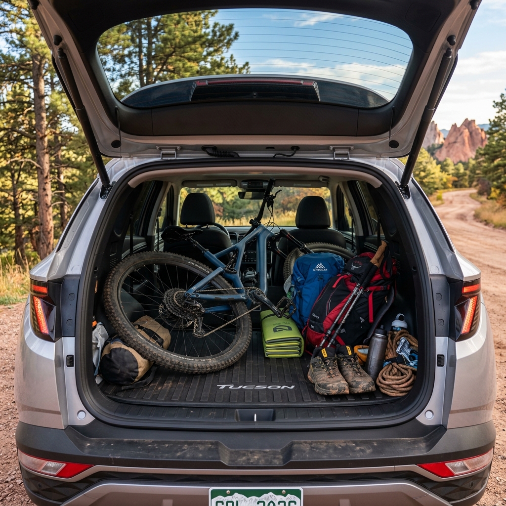 Open trunk of a silver Hyundai Tucson filled with a mountain bike, backpacks, hiking boots, and camping gear. (Representative image for illustration purposes only. Actual vehicle may vary based on trim and configuration.)