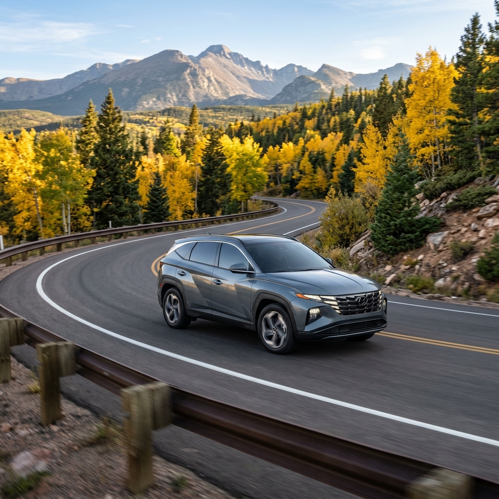 A grey SUV drives on a winding mountain road surrounded by golden autumn trees and rugged peaks. (Representative image for illustration purposes only. Actual vehicle may vary based on trim and configuration.)