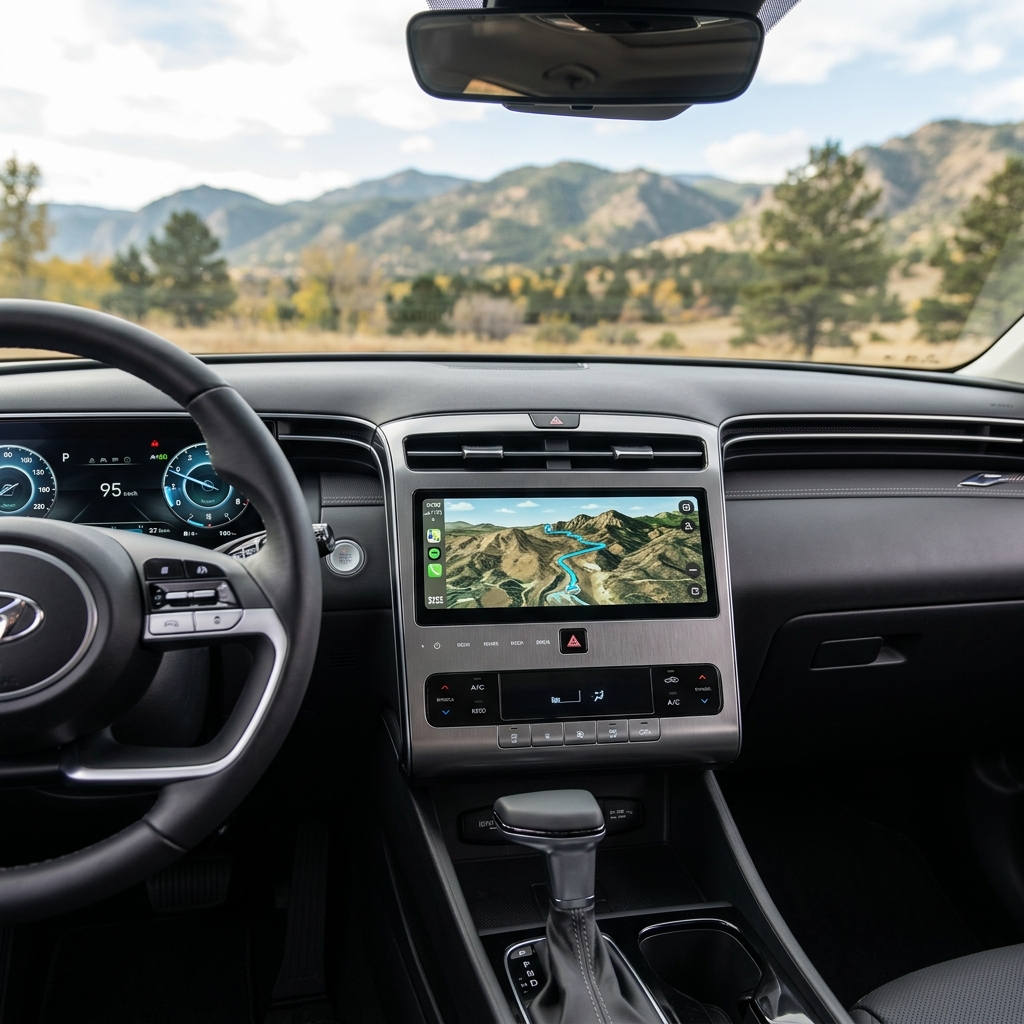 Dashboard view of a modern car with a digital navigation screen showing a route through mountains visible outside. (Representative image for illustration purposes only. Actual vehicle may vary based on trim and configuration.)