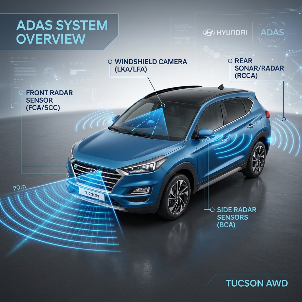 Diagram of a blue Hyundai Tucson AWD showing various ADAS sensors including radar, camera, and sonar placements. (Representative image for illustration purposes only. Actual vehicle may vary based on trim and configuration.)