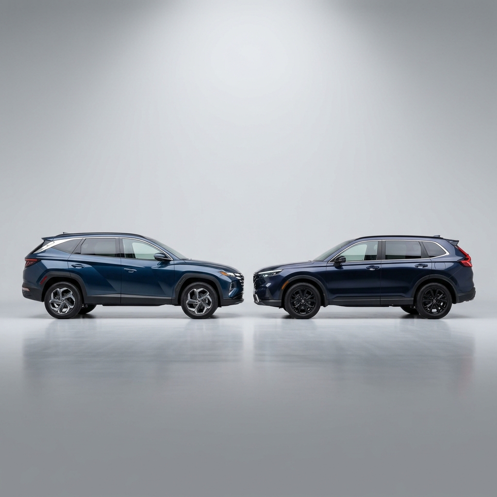 Side profile of two dark blue SUVs facing nose-to-nose in a bright studio environment. (Representative image for illustration purposes only. Actual vehicle may vary based on trim and configuration.)
