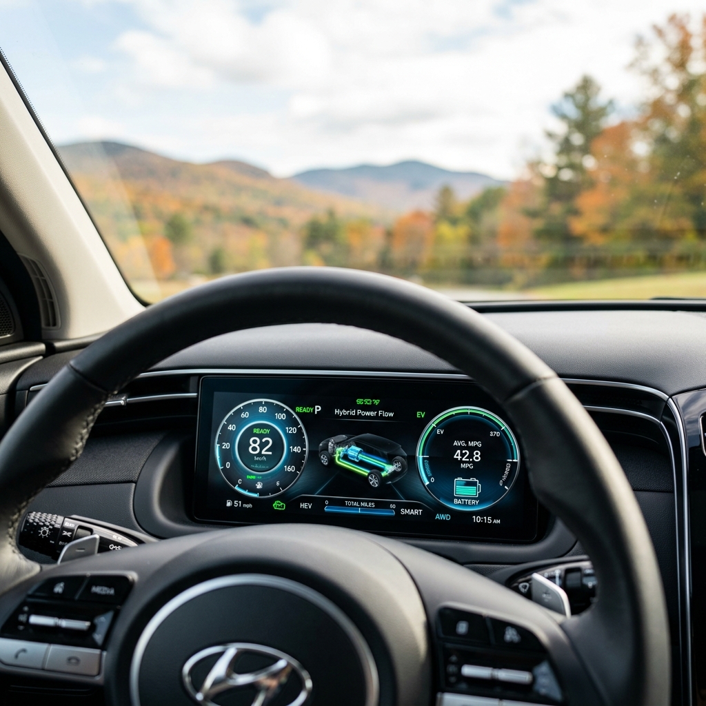 Driver seat view of a Hyundai hybrid showing a digital dashboard and scenic autumn landscape through the windshield. (Representative image for illustration purposes only. Actual vehicle may vary based on trim and configuration.)